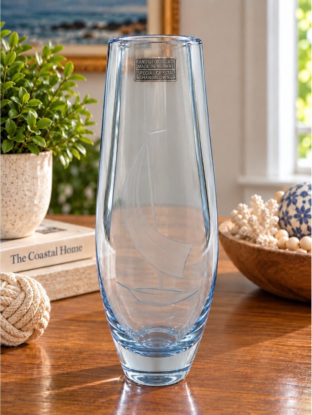 Vintage Randsfjordglass Norway Blue Crystal Sailboat Vase Hand Blown 9.25"